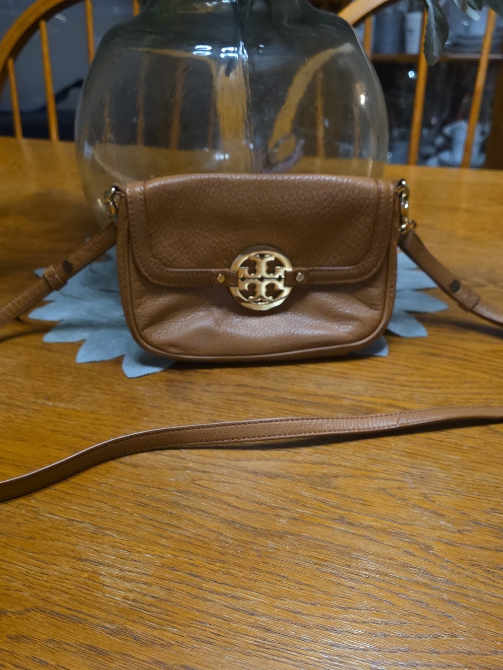 Tory Burch Brown Pebbled Leather Crossbody with Gold Logo
